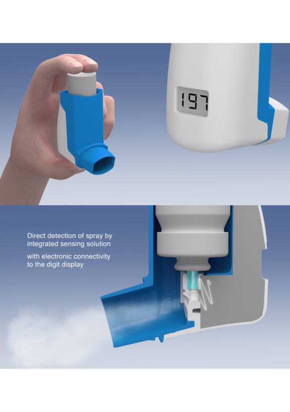 Two part image showing dose counter screen, patient holding the solution in hand and product release by direct spray detection.