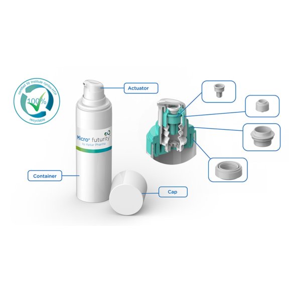 Diagram of white Aptar Micro+ Futurity PE components beside the cyclos-HTP seal for completely recyclable.