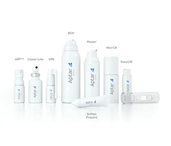 Range of dermal drug delivery systems including spray pumps, airless dispensers, and child-resistant packaging formats for different applications.
