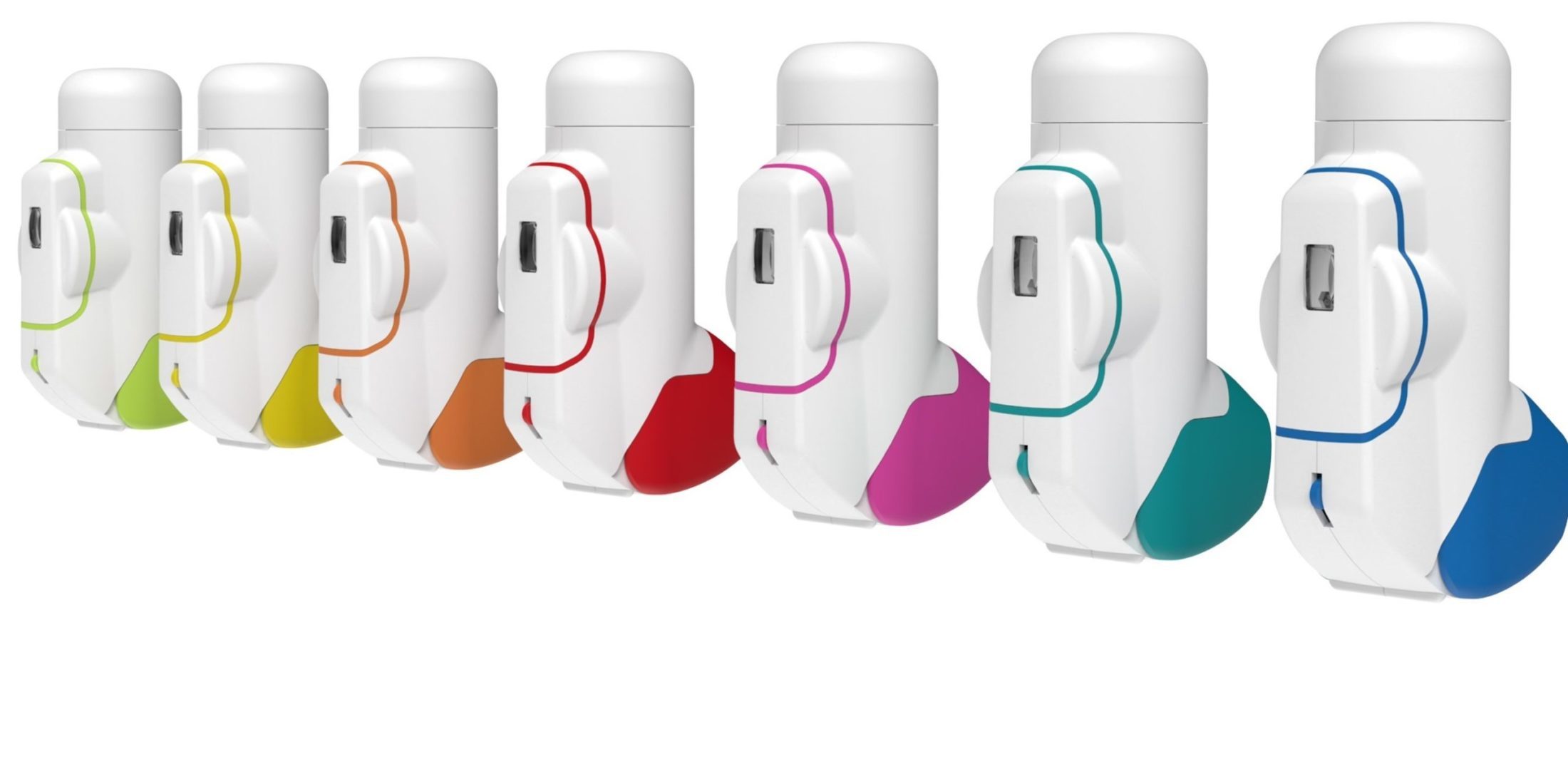 Angled view of six of Aptar Pharma's BAI inhalers in a range of colors for product differentiation.