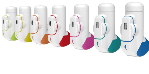 Angled view of six of Aptar Pharma's BAI inhalers in a range of colors for product differentiation.