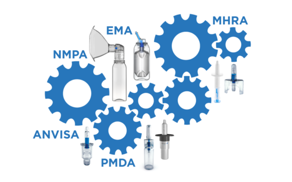 Blue manufacturing gears with Aptar Pharma nasal systems and FDA, EMA, PMDA, MHRA regulatory agencies quality inspections.
