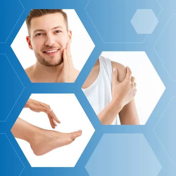 Collage of dermal application areas including face, shoulder, and hands, illustrating different types of topical and dermal treatment uses.