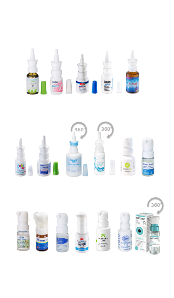 This image shows a variety of nasal, eye, and dermal care products from leading brands using Aptar Pharma's APF Advanced Preservative Free (APF) and APF Plus system. The bottles feature different shapes and colors, with some displaying a 360-degree rotation symbol, indicating a view of the full product.