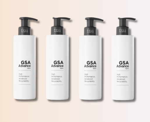 Four white pump bottles labeled GSA Advance with the text High Performance. Advanced Recyclability. feature a recyclable dispensing pump, and are lined up against a soft gradient background.